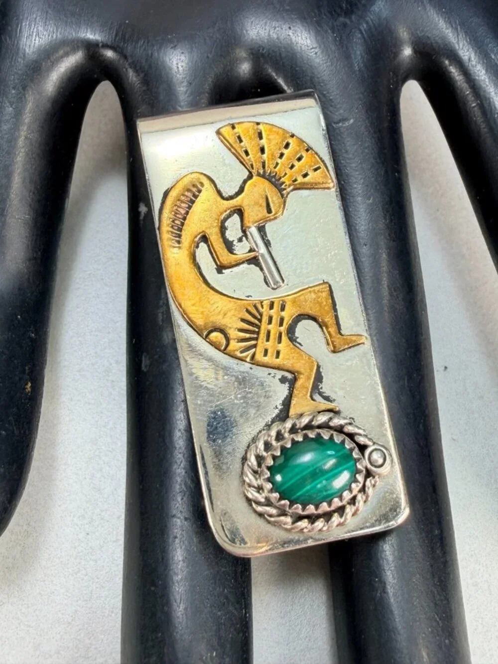 Signed CK Kokopelli Genuine Malachite Money Clip Gold Tone Southwestern